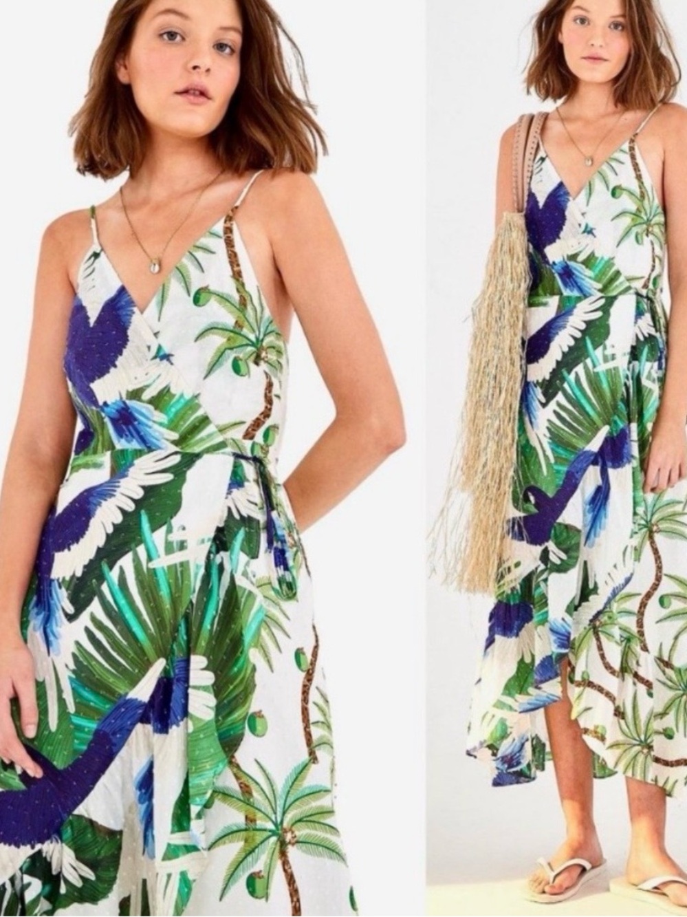 FARM Rio Mixed Palm Midi Wrap Dress aka White Blue Parrot Bird Tank Dress, Small